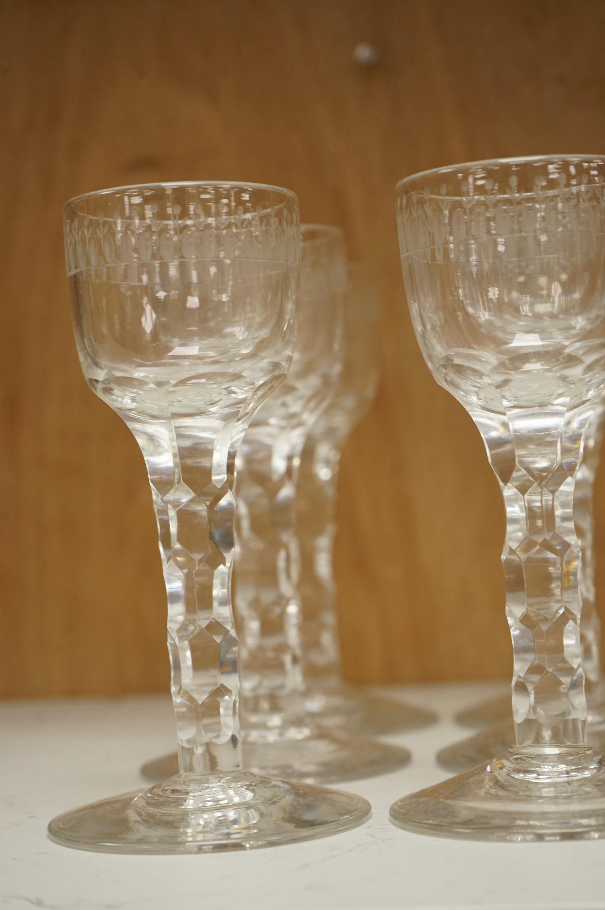 A set of six faceted wine glasses, c.1780, 14cm high